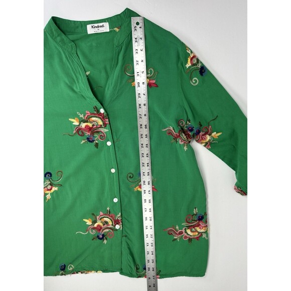 Kindred Anthropologie Blouse Womens Medium Kelly Green Embroidered Floral Boho - Picture 9 of 13